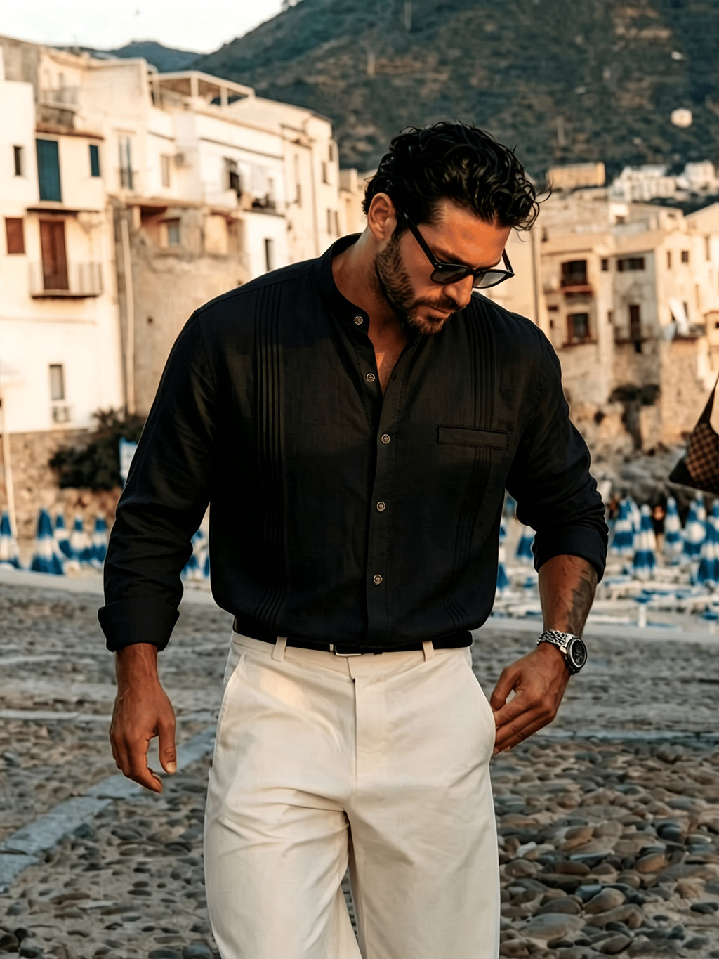Men's Lightweight Breathable Linen Shirt with Stand-Up Collar & Roll-Up Sleeves - Retro Button-Front Suitable for Beach Vacation, Commuting, Casual Wear, Symmetrical Pleats, Single Pocket, Machine Washable Summer Top (Gift Selection) - Black