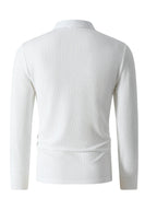 Autumn Men'S Ribbed Long Sleeve Polo Shirt Print Half-Zip Stand Collar Slim Fit Breathable T-Shirt - White