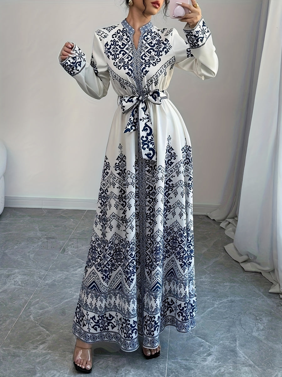 Retro Ethnic Style Long-Sleeve Printed Dress with Ties, Featuring an Elegant Long Design - Blue