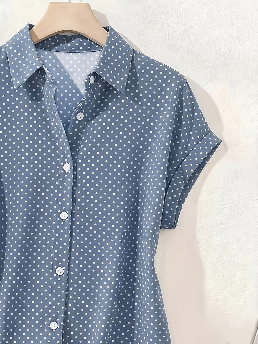 Summer Polka Dot Single-Breasted Short-Sleeve Shirt - Bright Steel Blue