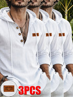 Men'S Fashion Hoodie Linen Long Sleeve Hooded Top Shirt Henley Shirt Linen Texture Hooded Henley Long Sleeve Shirt Men'S Half Button Wooden Button Drawstring Hoodie Vacation Style Loose Roll-Up Sleeve Casual Top 3pcs Set - White*3