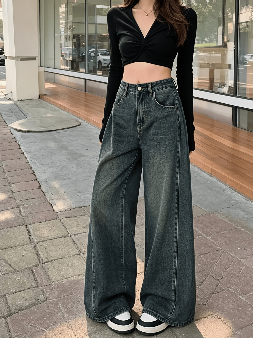 Women's High-Waist Wide-Leg Jeans, Nostalgic Vintage Dark Blue Washed Patchwork Denim Trousers, Loose-Fitting Slightly Cropped Sickle Hem Draped Multi-Pocket Floor-Length Pants - Vintage Color