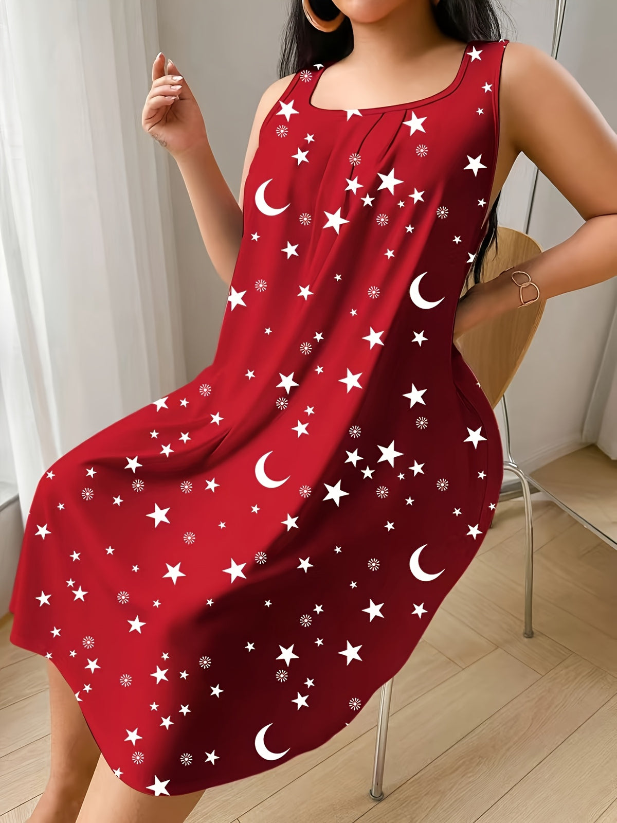 Women'S Plus Size Sleeveless Vest Dress with Star And Moon All-Over Print, Spring Summer Style, Very Comfortable Home Wear - Red
