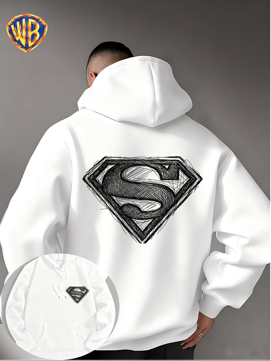 Warner Bros. Superman Sketch Print Hooded Sweatshirt, Men's Loose Fit Casual Top, Versatile and Comfortable Autumn/Winter Sweatshirt - White