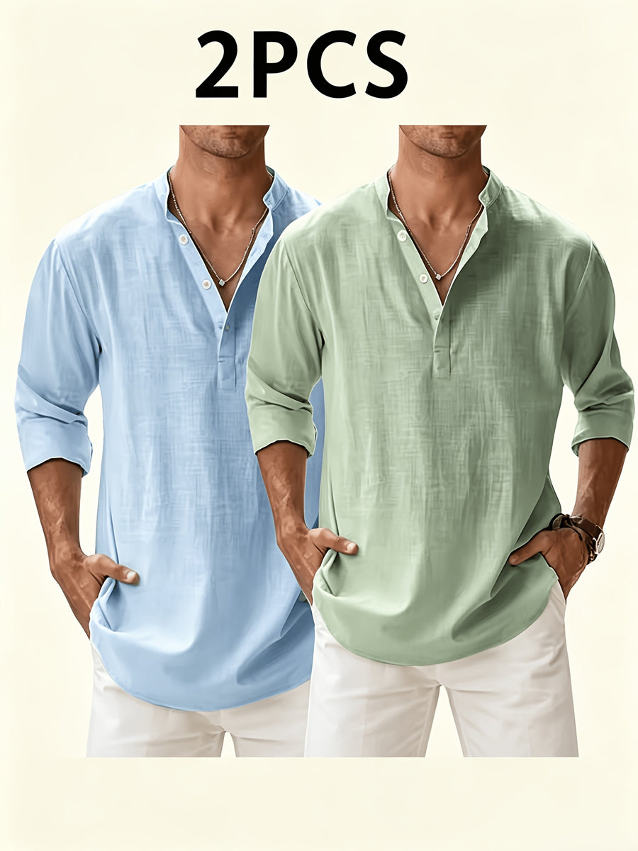 Men'S Solid Color Stand-Collar Linen Long Sleeve (2pcs Set), Breathable And Comfortable, Suitable for Spring And Autumn - Sky Blue+green