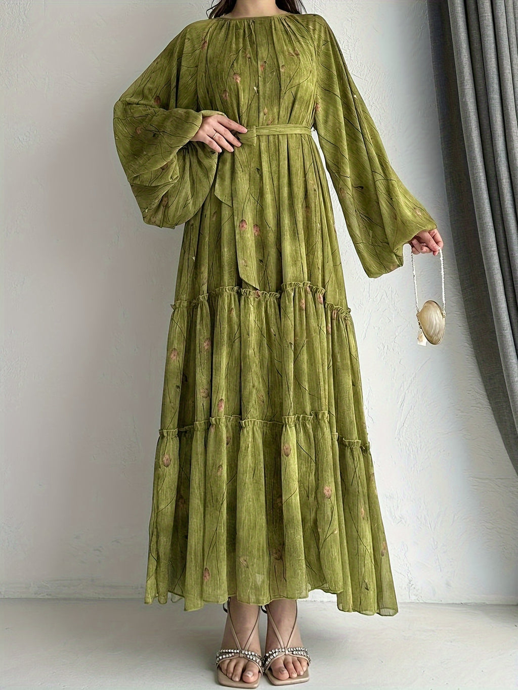 Women's Middle Eastern Muslim Chiffon Print Dress - Olive