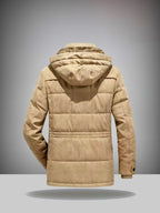 Cargo Jacket, Removable Hood Corduroy Lining Multi-Zipper Pockets, Warm Casual Top Jacket, Western Trendy Outerwear. Men'S Fashion Winter Mid-Length Fleece-Lined Thick Jacket, Men'S Work Practical Jacket - Khaki