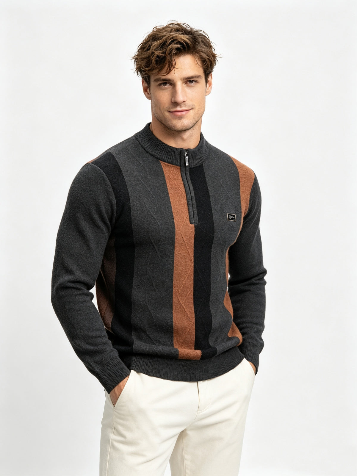 Men's Half-Zip Stand Collar Color-Block Knit Sweater, Cable Textured Pullover, Retro Sporty Fall Winter Top - Olive Green