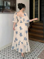 Women's Dress, Small Floral Elegant Dress, Women's Short Sleeve Holiday Dress - Blue