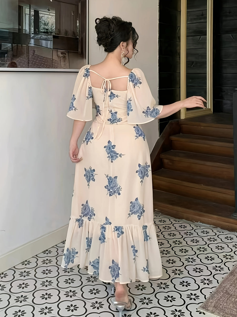 Women's Dress, Small Floral Elegant Dress, Women's Short Sleeve Holiday Dress - Blue