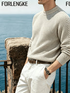 FORLENGKE Men's Business Casual Crew Neck Ribbed Knit Sweater, Soft Warm Long Sleeve Pullover for Fall Winter Office Daily Wear - Apricot