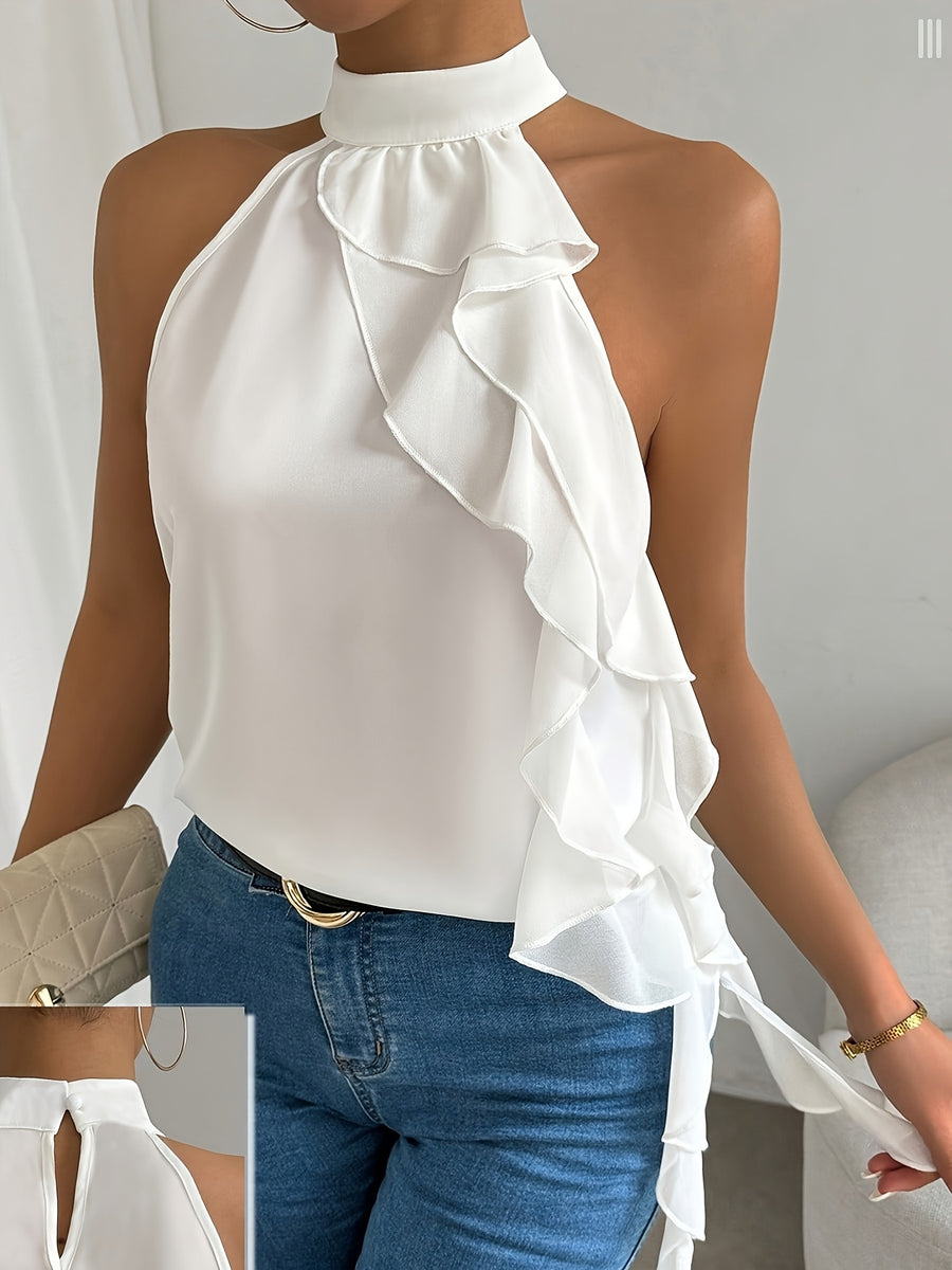 Elegant Special Women's Ruffled Stand Collar Sleeveless Blouse - Lightweight Summer Semi-Sheer Top with Elasticated Waist, Solid Color Machine Washable Regular Fit - White
