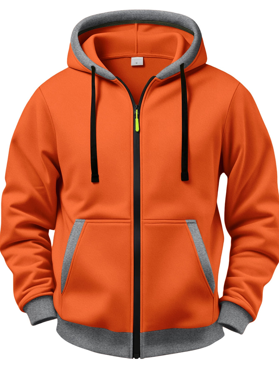 3pcs Set Vintage Sunset Mountain Peak Letter Small Print Zip-Up Hooded Sweatshirt for Men and Women, Spring/Autumn Contrast Trim Full-Zip Cardigan Jacket, Outdoor Mountain Style Loose Fit Casual 3pcs Versatile Zip-Up Hoodie Set - Orange-red + pink + dark gray