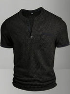 ROYALBOY Spring New Men's Casual Fashion Textured Two-Tone Striped Henley Shirt - Short Sleeve, Stand Collar, Suitable for Casual Outdoor Wear, Machine Washable, 100% Polyester Durable Wear-Resistant Fabric - Black