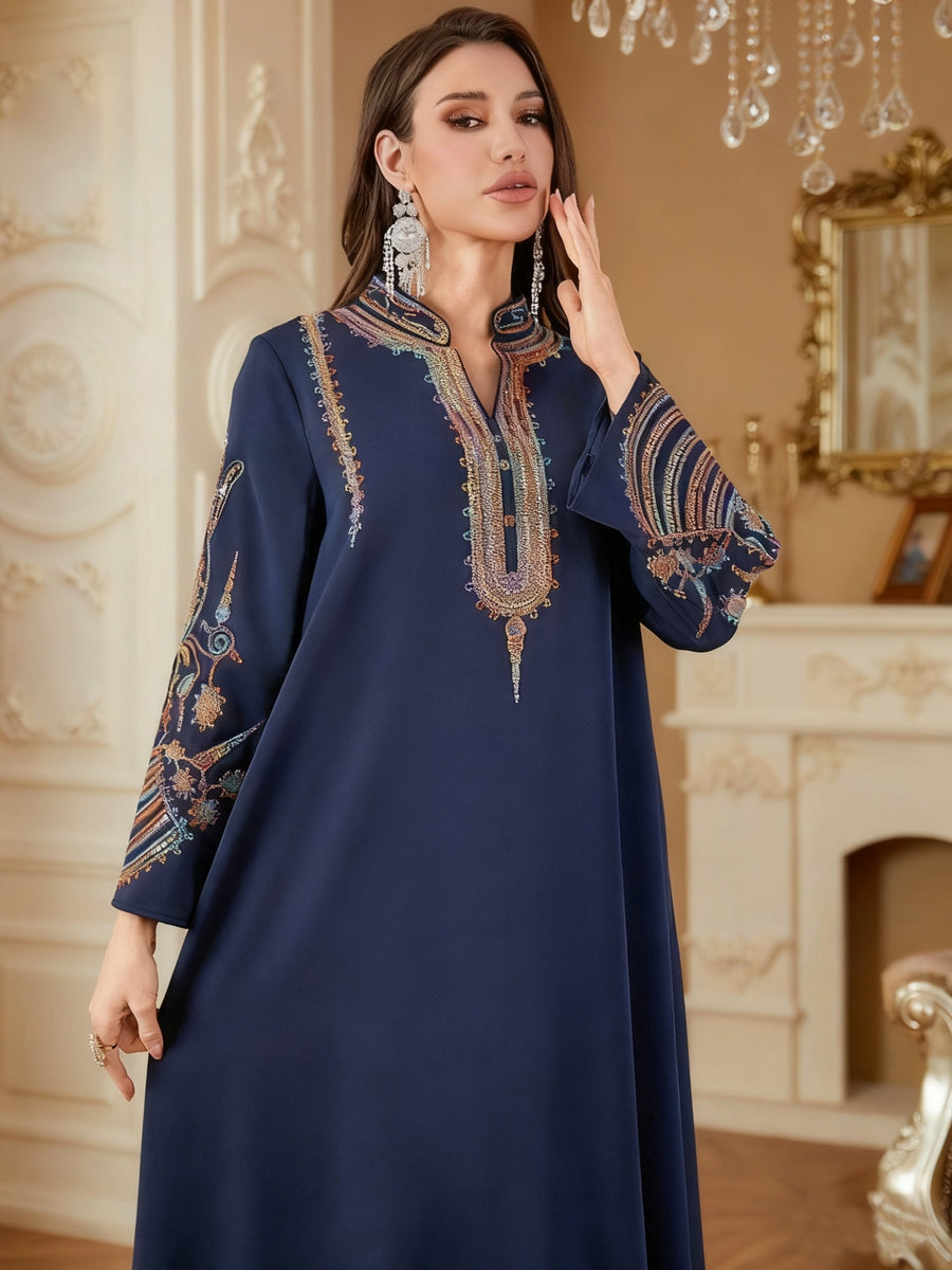 1pc Elegant Dubai Floral Embroidery Abaya Dress - Long Sleeve Non-Stretch Fabric, All-Season Middle Eastern Style Conservative Women'S Dress - Navy Color
