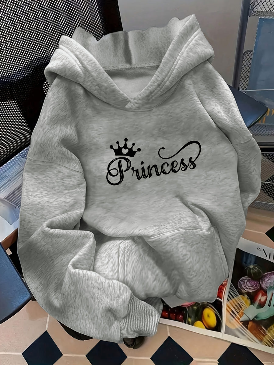 D92-1pc Loose Hooded Sweatshirt, Fashionable Versatile Princess Crown Pattern Printed Hooded Sweatshirt, Spring And Autumn, Women'S Size L15172 - Grey