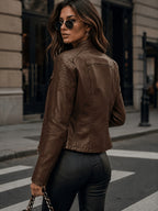 In-Stock/Women'S Casual PU Jacket, Women'S Biker Coat, Spring Autumn Motorcycle Jacket, Vacation Travel Outerwear, Retro Fashion Design - Coffee Color