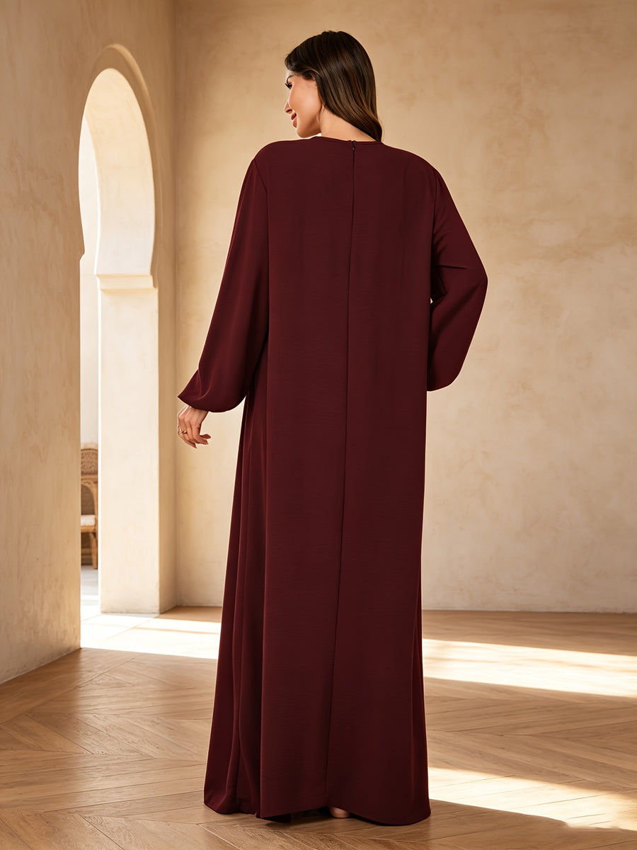 1pc Elegant Holiday Style Loose Wrinkled Versatile Solid Color Suitable for Daily Wear Comfortable Casual Loose Comfortable Women'S Abaya Dress. Abayas for Women Dubai Long Dresses for Women Abaya Damen Ladies Abaya Robe Long Sleeve Women - Burgundy
