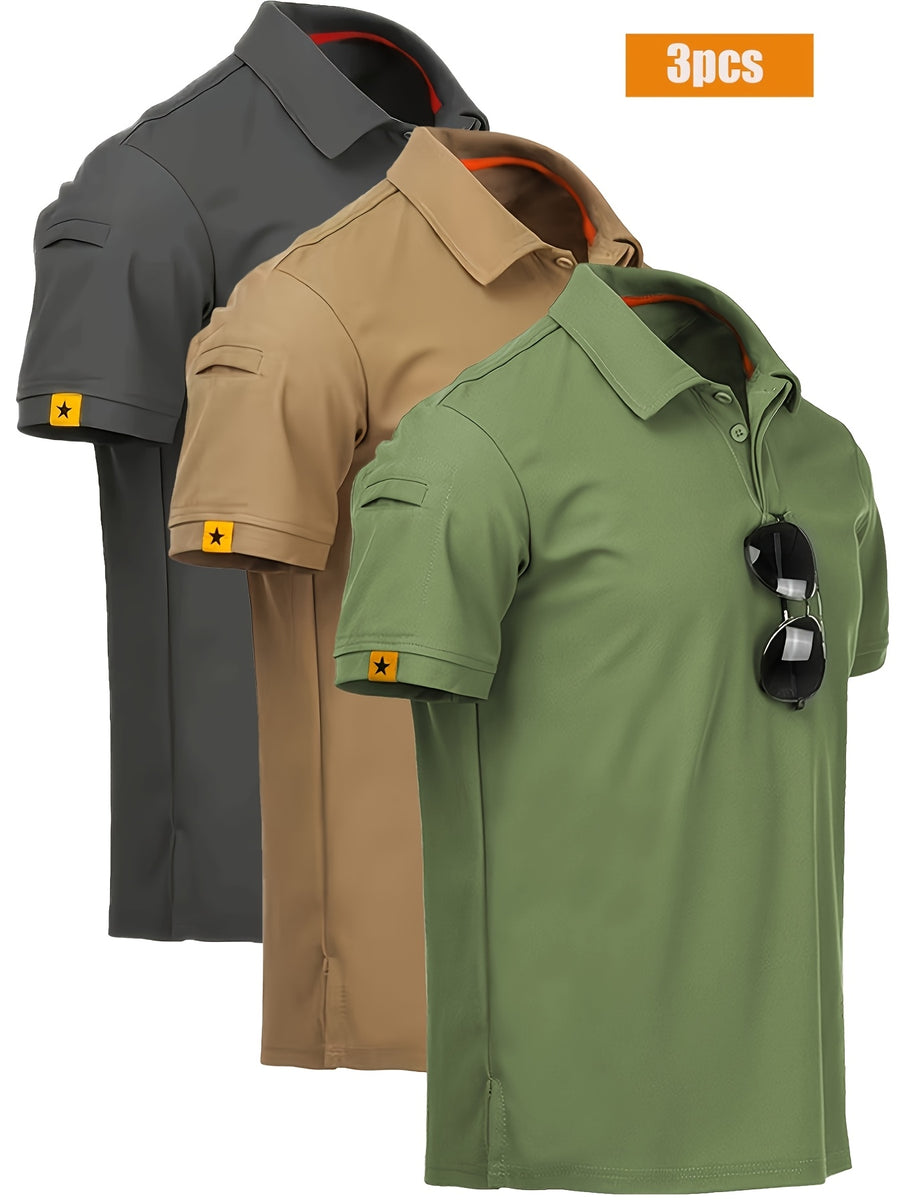 3-Pack Summer Men's Quick-Dry Sweat-Wicking Breathable Lapel Polo Shirts, Outdoor Sports Base Layers, Commuting, Training, and Security Short Sleeves - Gray green card