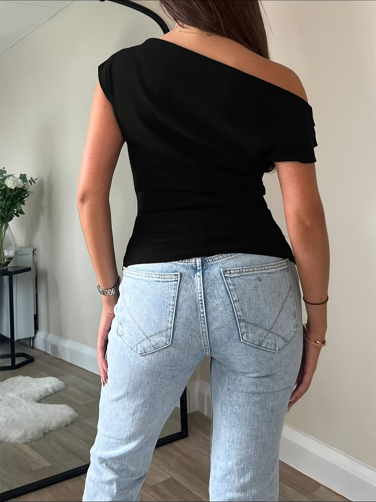 Summer Actress Elegant Basic Casual Unique Cute One Shoulder Slim Short Tank Top Women'S Black Summer Top - Black