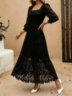 Heavy-Handcrafted French Lace Maxi Dress, Stylish Square Neck with Exquisite Cutout Lace, Elegant And, Ideal for Daily Commute And Dates NIANNIAN Women'S Wear - Black
