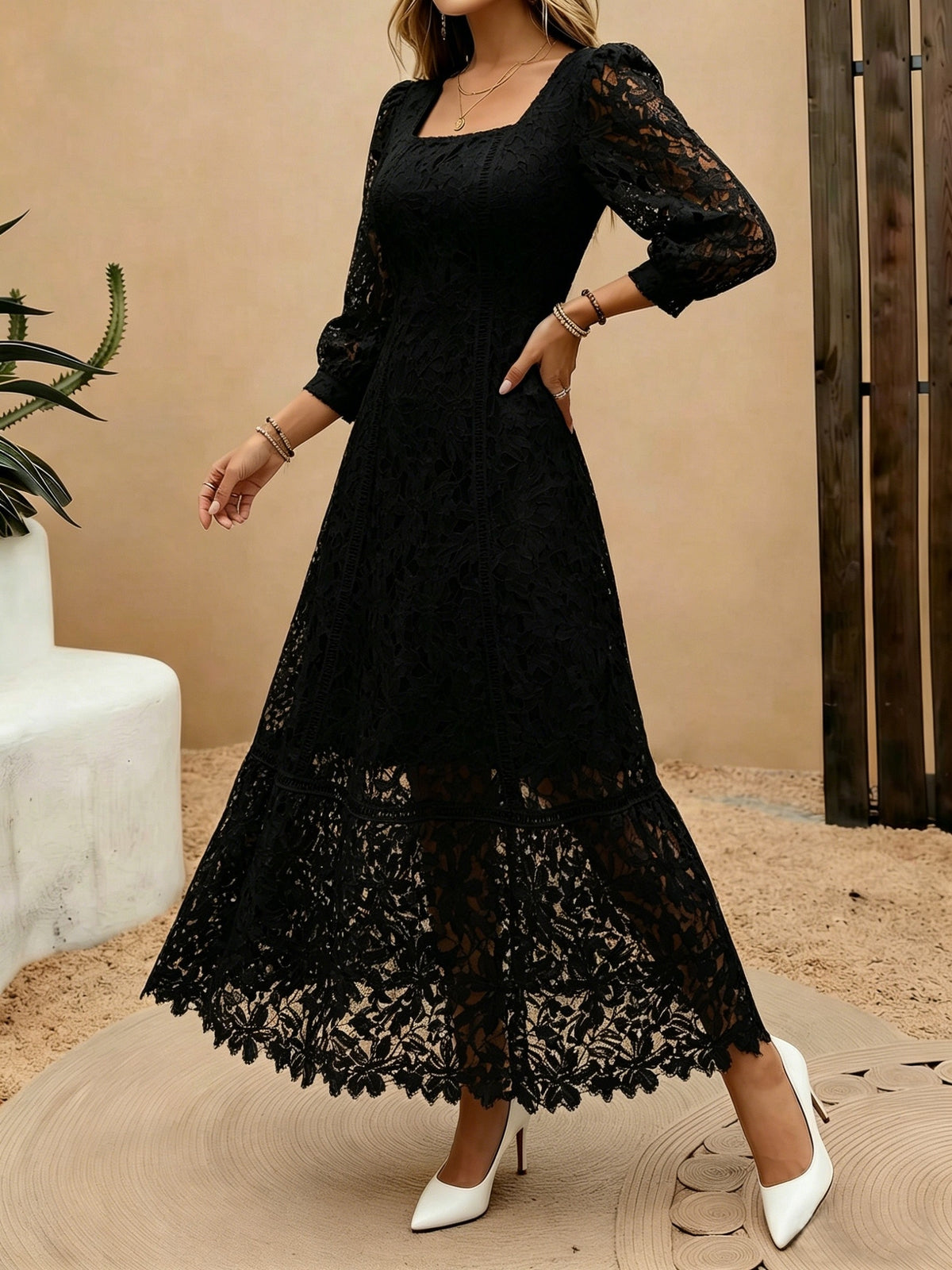 Heavy-Handcrafted French Lace Maxi Dress, Stylish Square Neck with Exquisite Cutout Lace, Elegant And, Ideal for Daily Commute And Dates NIANNIAN Women'S Wear - Black