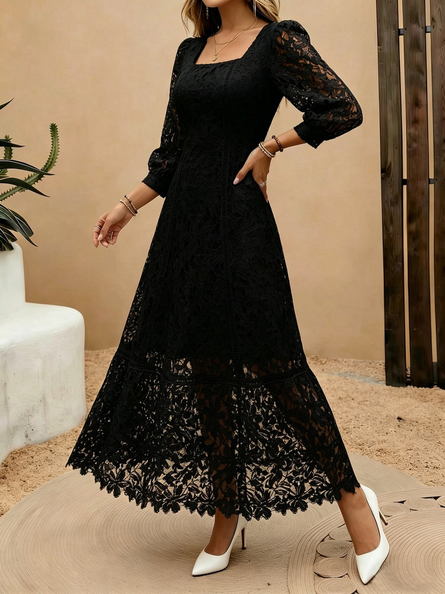 Heavy-Handcrafted French Lace Maxi Dress, Stylish Square Neck with Exquisite Cutout Lace, Elegant And, Ideal for Daily Commute And Dates NIANNIAN Women'S Wear - Black
