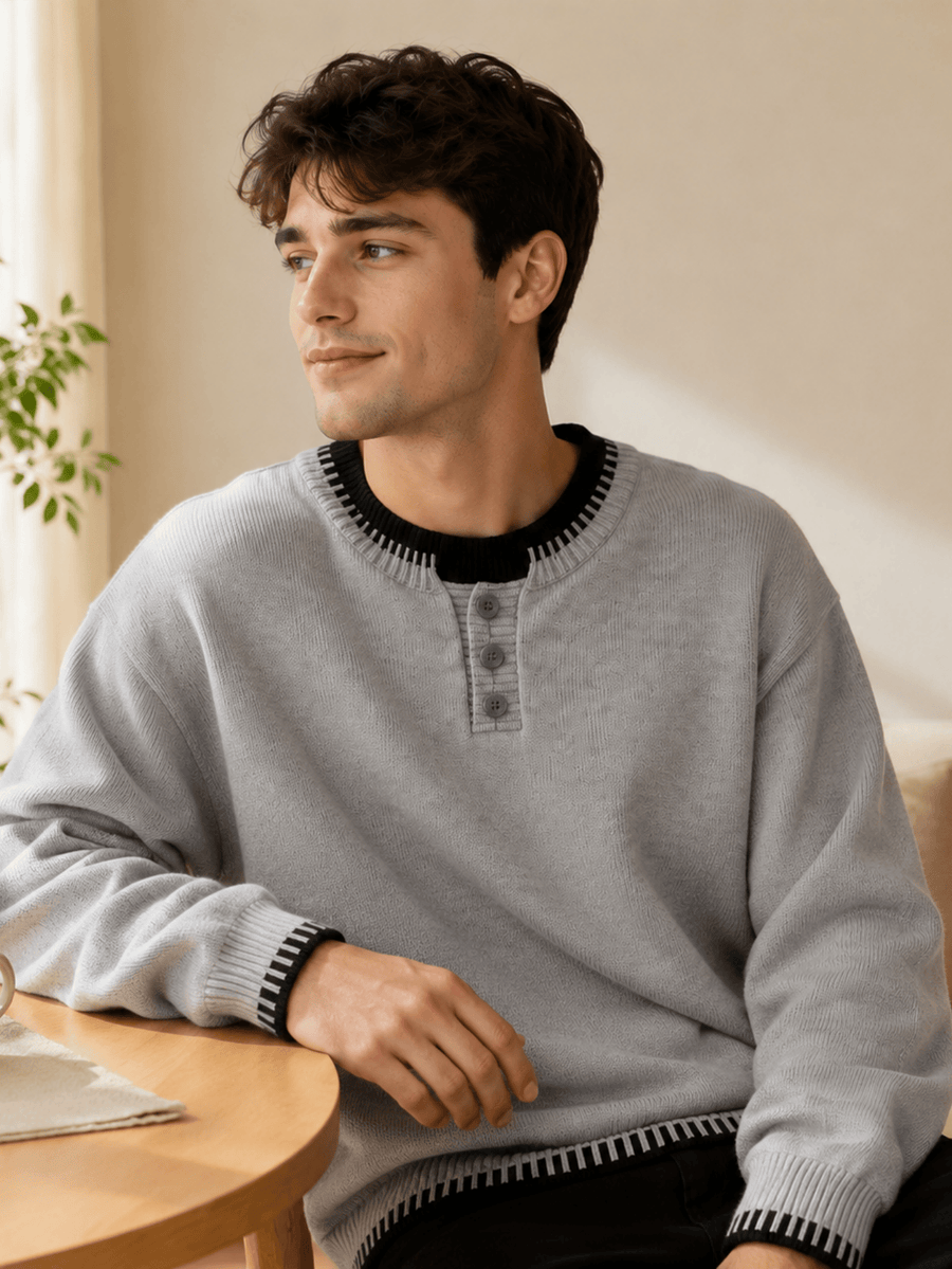 Men's and Women's Casual Sweater, Trendy Versatile Winter Henley Collar 2-in-1 Look Knit Top and Inner Base Layer, JKXN-1171 - Grey