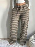 Women'S Casual Striped Textured Elastic Drawstring Waist Pocket Wide-Leg Pants - Khaki