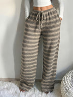 Women'S Casual Striped Textured Elastic Drawstring Waist Pocket Wide-Leg Pants - Khaki