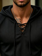 Joshmei OBM Vintage New York Street Style Men's White Textured Hooded Long-Sleeve T-Shirt with V-Neck and Cross-Strap Design, Niche Trendy Versatile Stretch Hoodie for Streetwear - Black