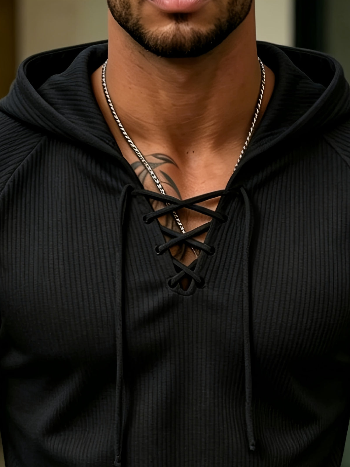 Joshmei OBM Vintage New York Street Style Men's White Textured Hooded Long-Sleeve T-Shirt with V-Neck and Cross-Strap Design, Niche Trendy Versatile Stretch Hoodie for Streetwear - Black