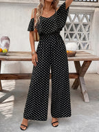 Women'S Polka Dot Ruffled Hem Waist-Cinching Loose Jumpsuit - Black