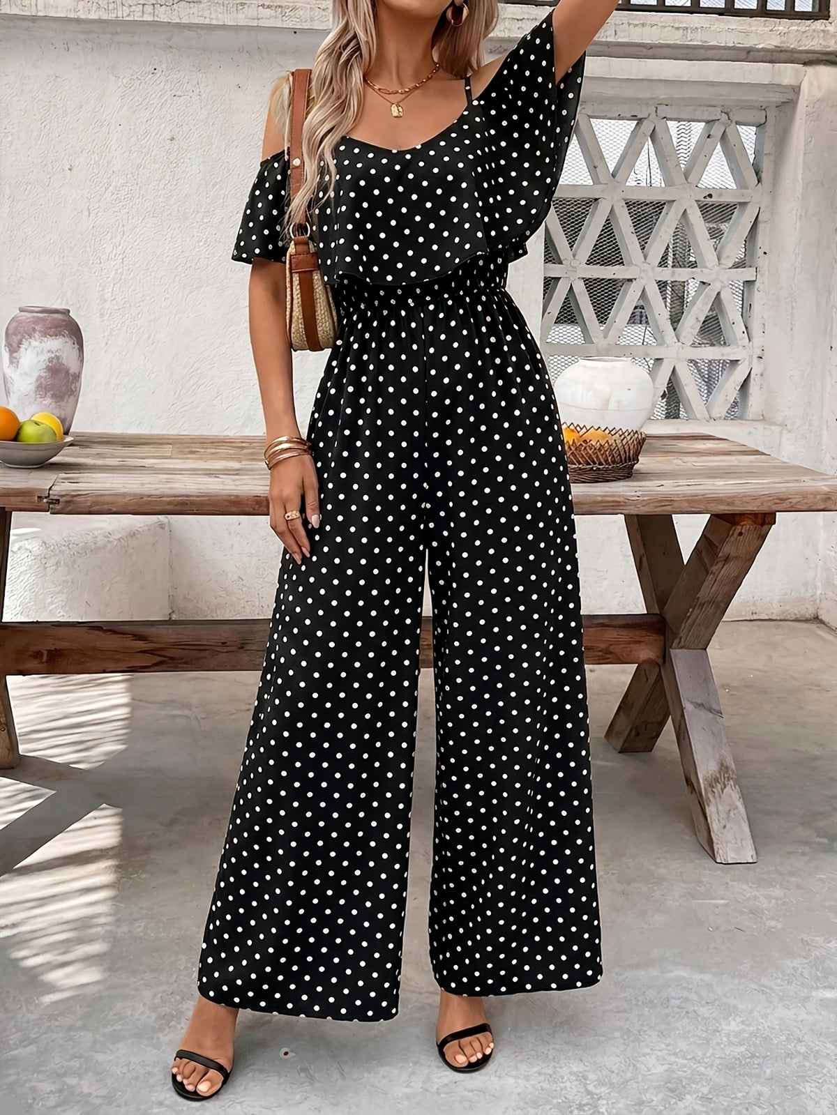 Women'S Polka Dot Ruffled Hem Waist-Cinching Loose Jumpsuit - Black