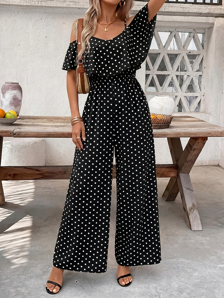 Women'S Polka Dot Ruffled Hem Waist-Cinching Loose Jumpsuit - Black