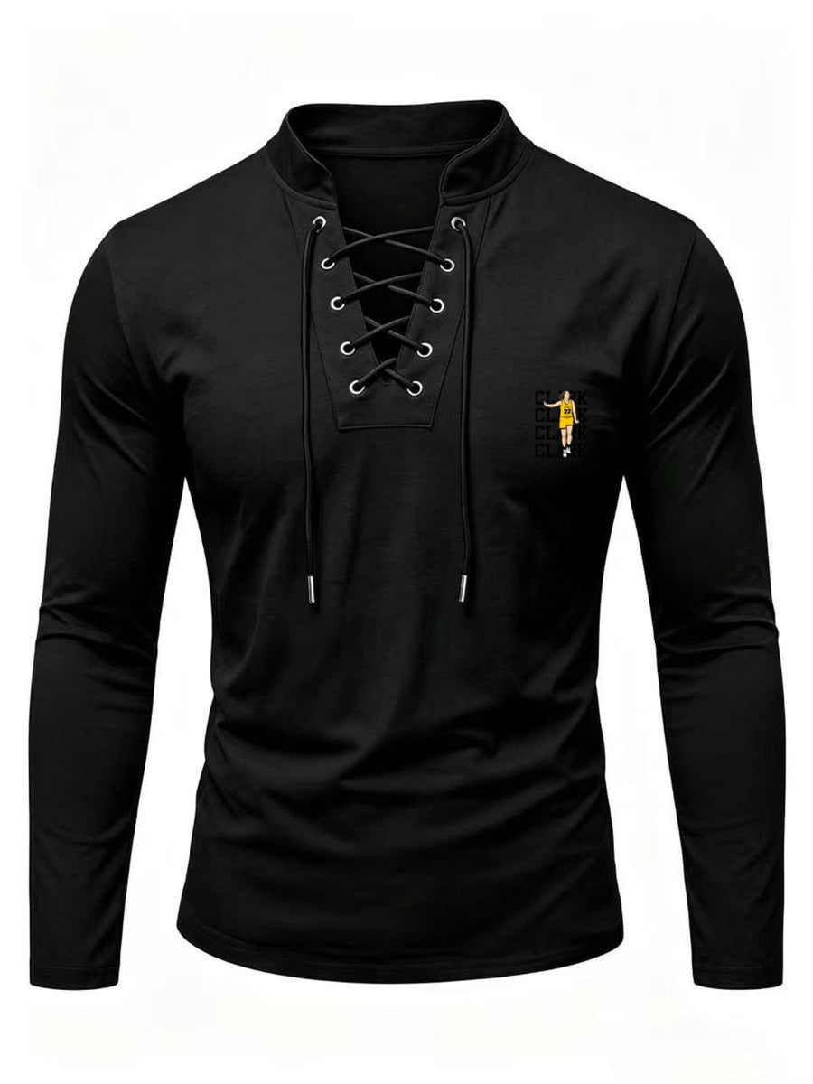2026 New Men'S Stand Collar Cross-Strap Long Sleeve Shirt, Unique Cross-Strap Neckline Design Eye-Catching, Chest Repeating Letter Cartoon Print Trendy Individual, All-Season Wearable Inner Layer, Commute And Casual Versatile Top - Black