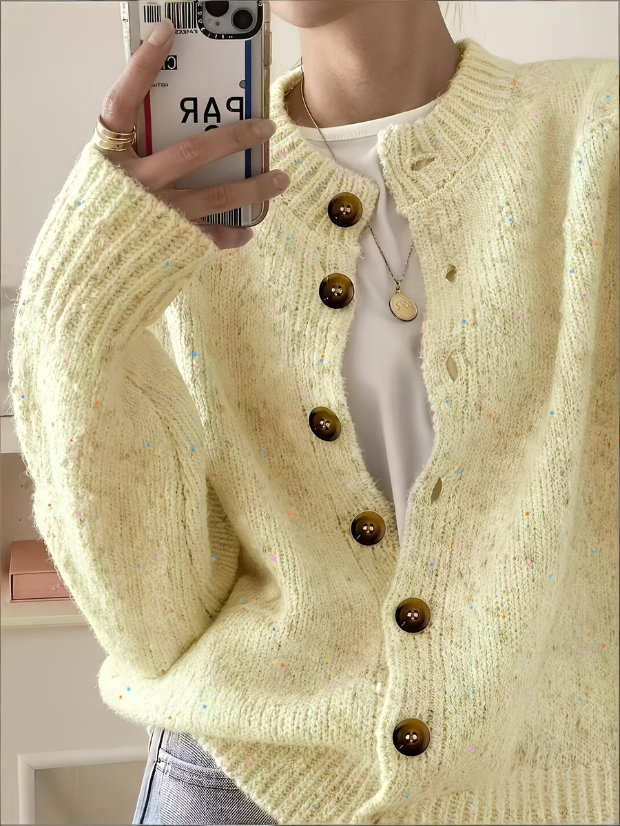 Women's Casual Colorful Button-front Cardigan with Soft Long Sleeves, Round Neck, Light-weight Fashion Candy-colored Dot Pattern, Casual and Elegant Garment | Stretch Fabric Cardigan Suitable for Casual Attire - 【Light Yellow】