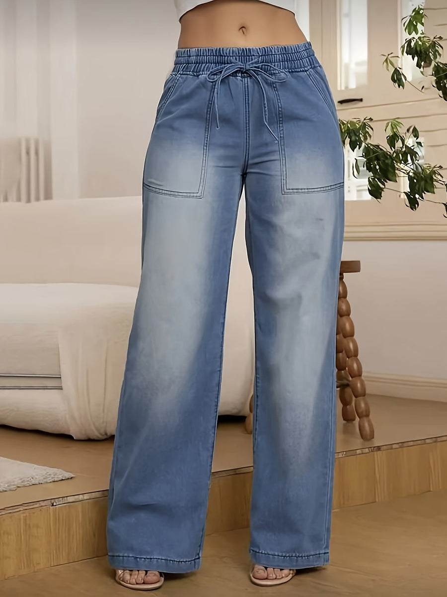 Elastic Waistband Drawstring Pocket Jeans - Medium Blue