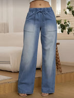 Elastic Waistband Drawstring Pocket Jeans - Medium Blue