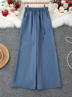 Women's Elegant Wide-Leg Trousers with Pockets - Wide-Leg Pants Suitable for Dates, Vacations, Daily Wear & Parties, Machine Washable Solid Color Trousers, Spring/Summer Non-Stretch Wide Pants for Professional or Casual Outfits - Dark Blue 1