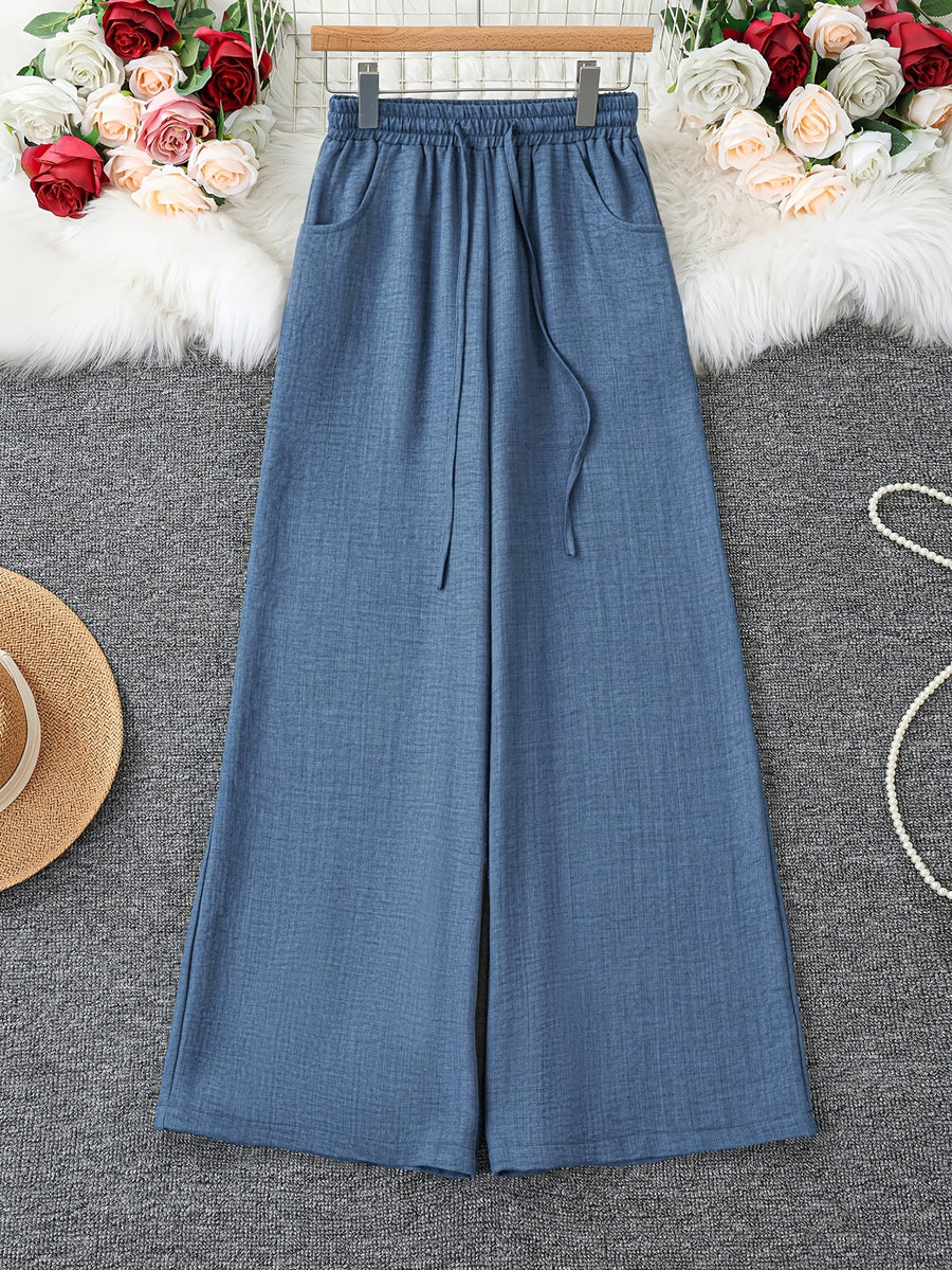 Women's Elegant Wide-Leg Trousers with Pockets - Wide-Leg Pants Suitable for Dates, Vacations, Daily Wear & Parties, Machine Washable Solid Color Trousers, Spring/Summer Non-Stretch Wide Pants for Professional or Casual Outfits - Dark Blue 1