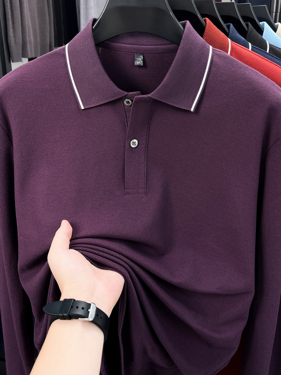 Men'S Clothing Golf Fishing Tennis Sports Solid Color Top Spring Fall Soft Skin Friendly Long Sleeve Polo Shirt Long Sleeve T Shirt New Autumn Business Casual Turn Collar Loose Versatile Pullover Top for Middle-Aged Men - Purple