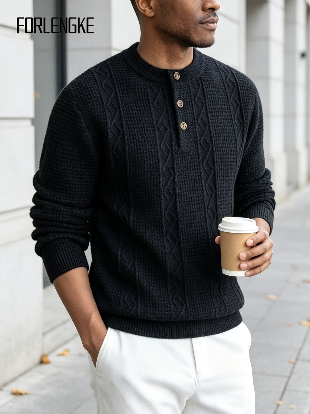FORLENGKE Men's Intercity Light Travel Relaxed Style Textured Knit Henley Neck Sweater, Half-Open Collar Design Balances Formal and Casual, Durable Dense Knit Construction, Suitable for Autumn/Winter Short-Distance Business Trips, Road Trips - Black