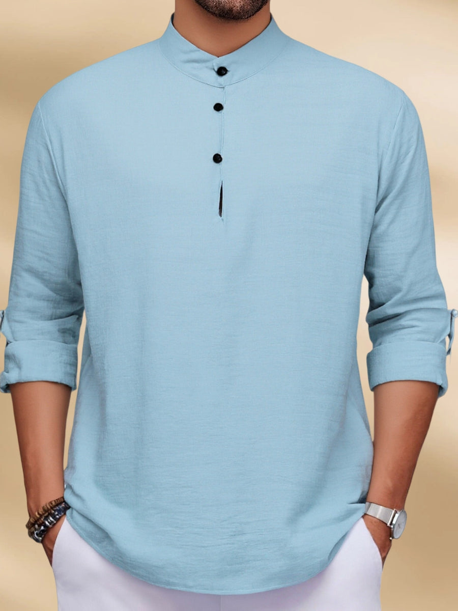 Men'S Fashion New Spring And Autumn Tops Featuring a Stand Collar Henley Shirt, with a Half-Open Single Row of Buttons, Perfect for Outdoor Beach Wear - Sky Blue