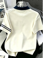 Spring/Autumn Breathable Men'S Polo Short Sleeve Contrast Collar Korean Style Floral Amelia Heart Letter Symmetrical Double Stripe Top - Apricot pin royal blue
