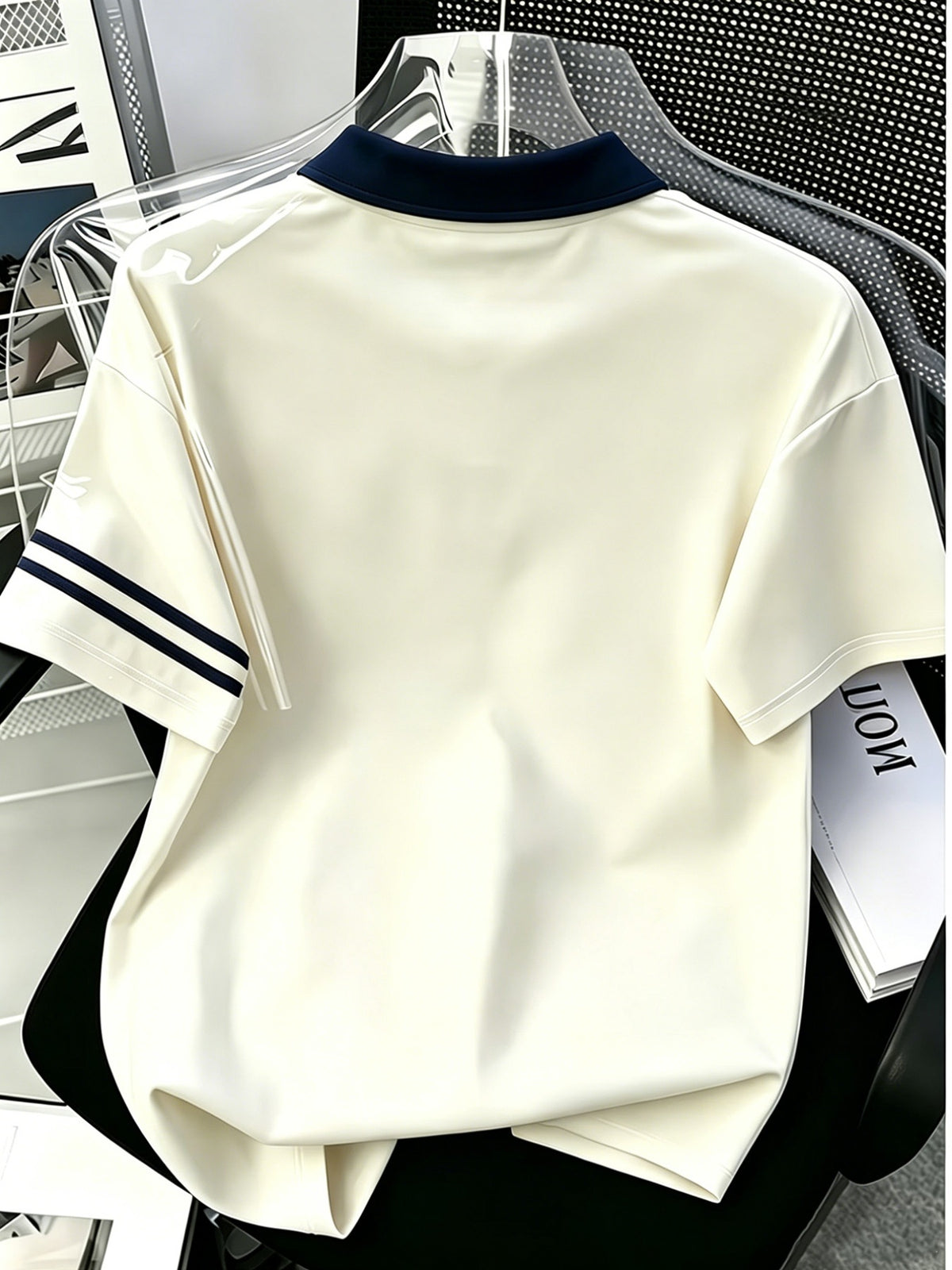Spring/Autumn Breathable Men'S Polo Short Sleeve Contrast Collar Korean Style Floral Amelia Heart Letter Symmetrical Double Stripe Top - Apricot pin royal blue