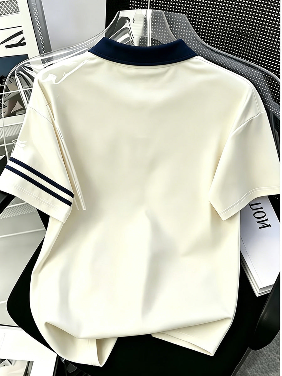 Spring/Autumn Breathable Men'S Polo Short Sleeve Contrast Collar Korean Style Floral Amelia Heart Letter Symmetrical Double Stripe Top - Apricot pin royal blue