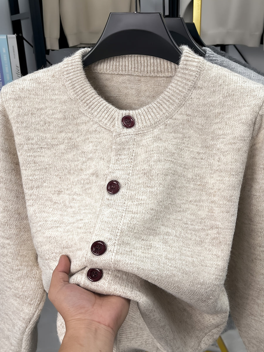 Men'S New Solid Color Button Knit Warm Easy Versatile Autumn Winter Sweater Jacket - Beige Color