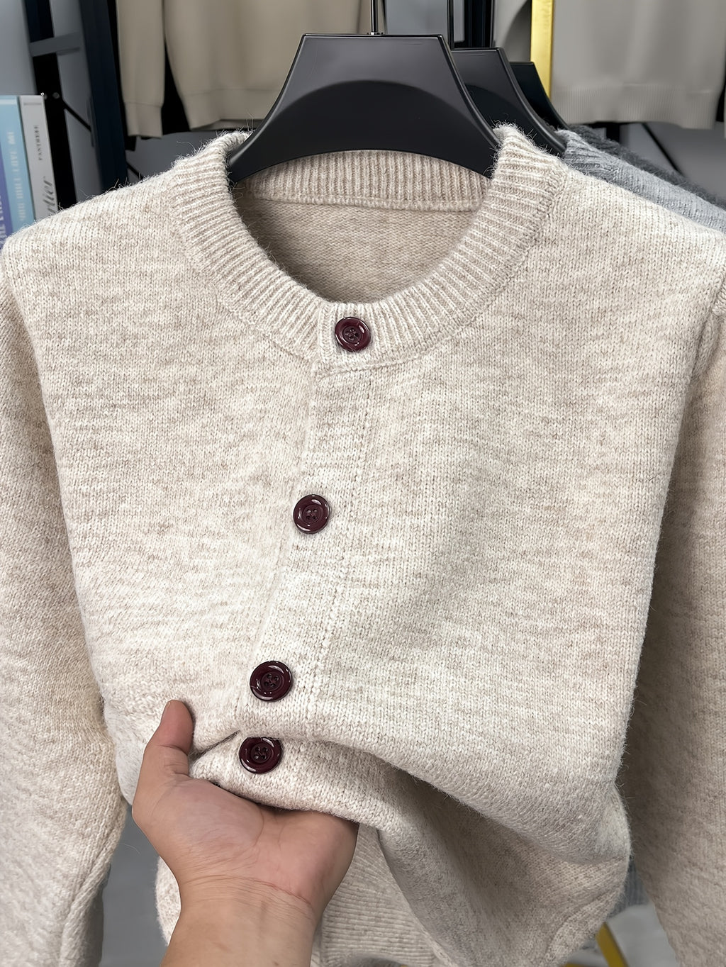 Men'S New Solid Color Button Knit Warm Easy Versatile Autumn Winter Sweater Jacket - Beige Color