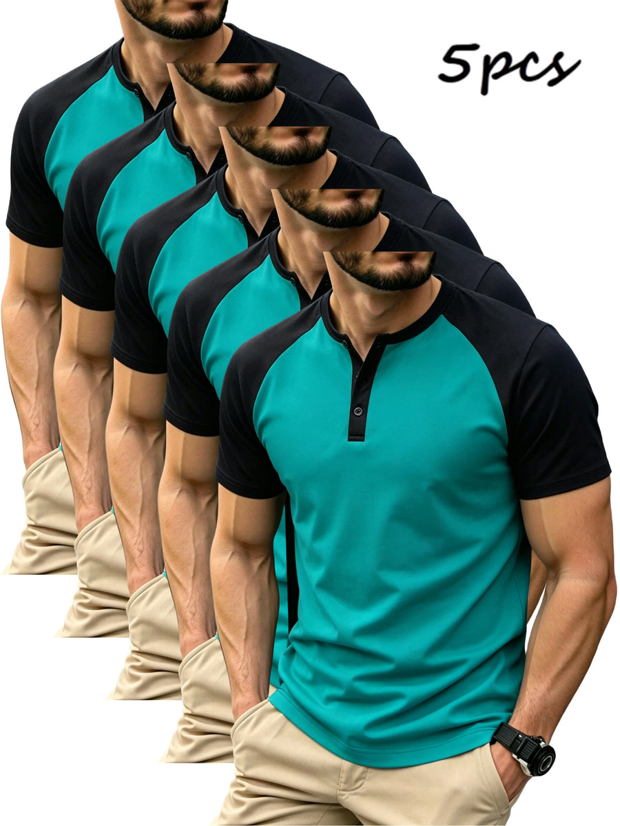 5-Pcs Summer Men'S Short-Sleeve T-Shirt, Raglan Sleeve Henley Shirt, Multi-Color Solid Casual Sports Top, Button-Up Round Neck Shirt - Mineral Green